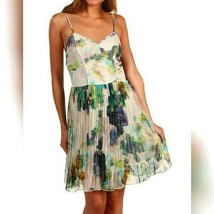JACK Monique Floral‎ Spaghetti Strap Pleated Slip Dress Cream Purple Green Small